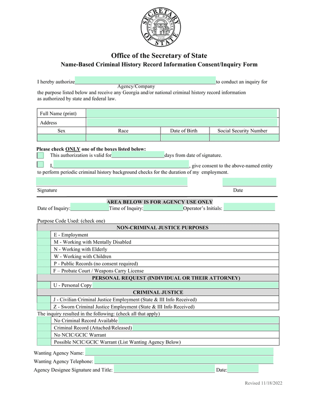 Name Based Criminal History Record Information ConsentInquiry Form screenshot