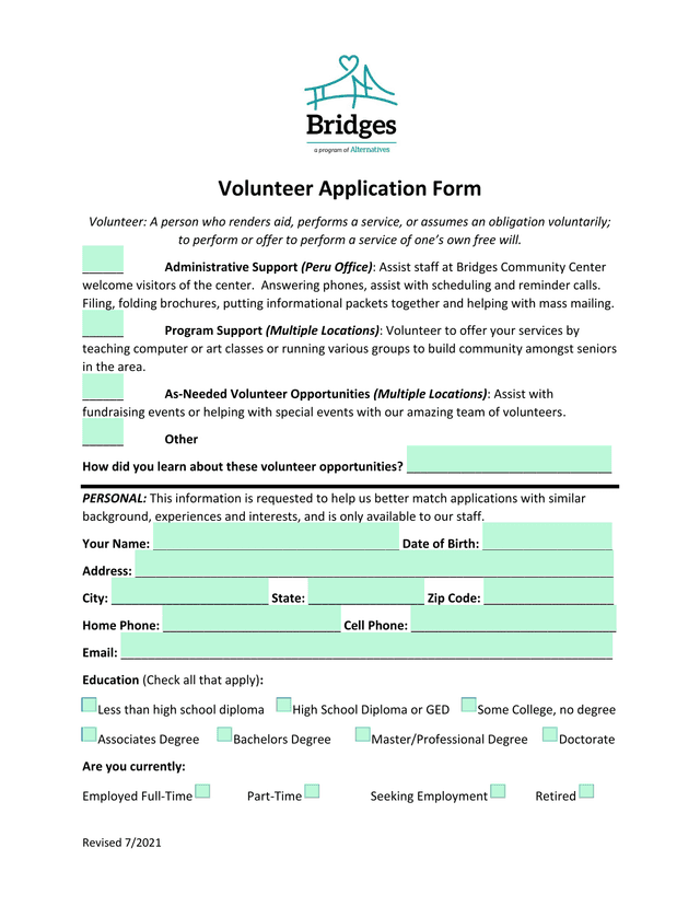 Volunteer Application Form screenshot