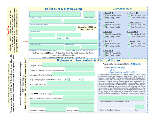 UCSB Surf  Kayak Camp 2019 Application screenshot