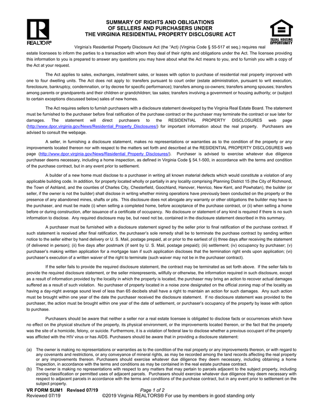 VR FORM SUM1   Summary Of Rights And Obligations Of Sellers And Purchasers Under The Virginia Reside screenshot