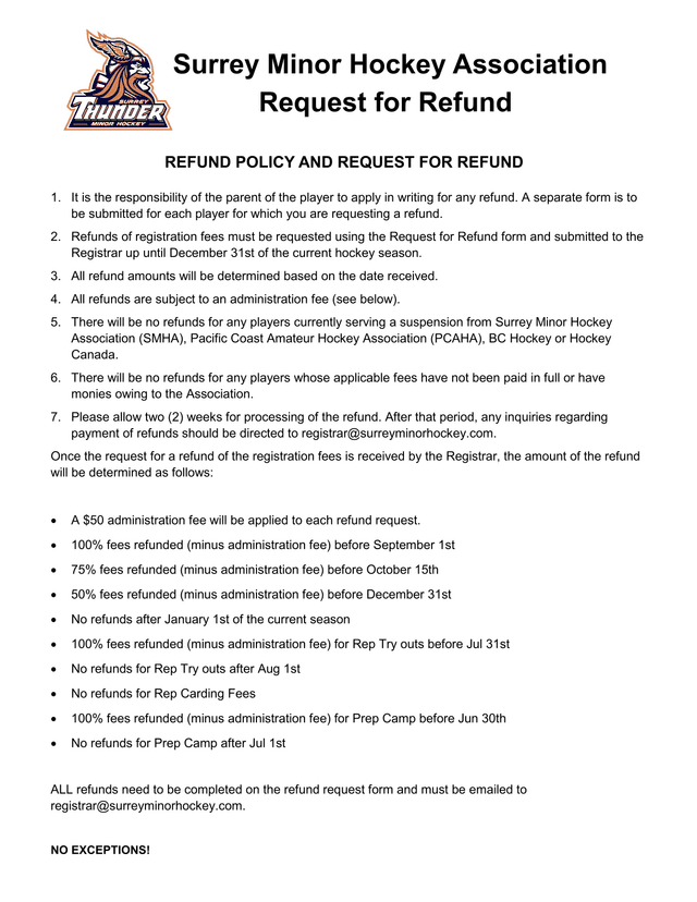 Surrey Minor Hockey Association Request For Refund screenshot