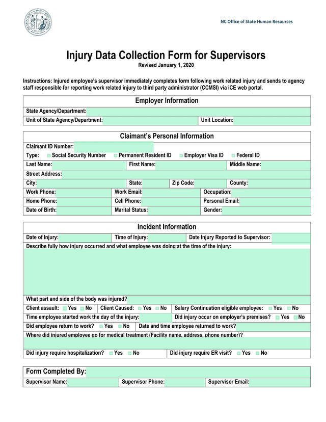 Injury Data Collection Form For Supervisors screenshot