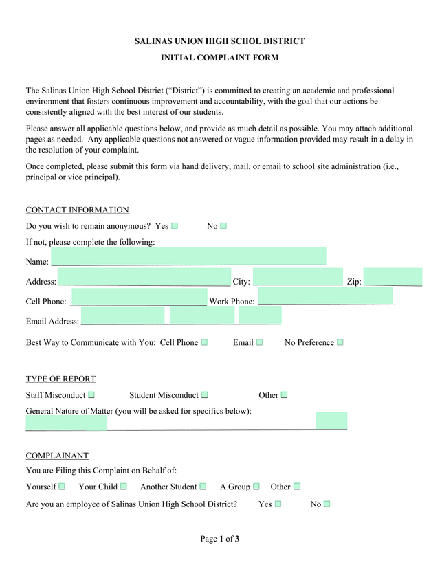 INITIAL COMPLAINT FORM screenshot