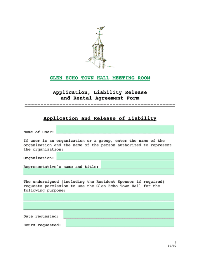 Application, Liability Release And Rental Agreement Form screenshot