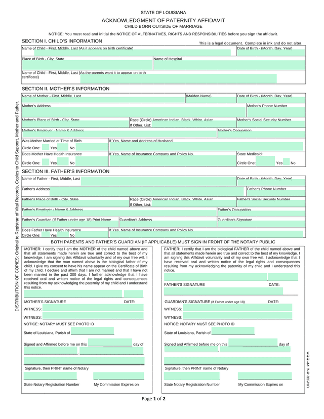 Acknowledgment Of Paternity Affidavit screenshot