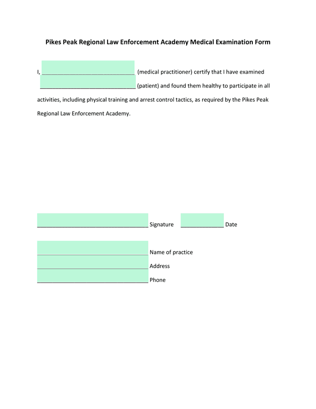 Pikes Peak Regional Law Enforcement Academy Medical Examination Form screenshot