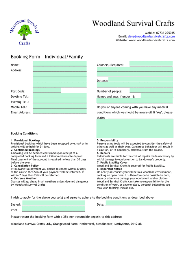 Booking Form  IndividualFamily screenshot