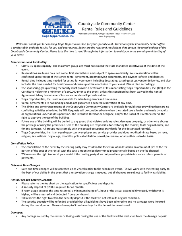 Countryside Community Center Rental Rules And Regulations screenshot