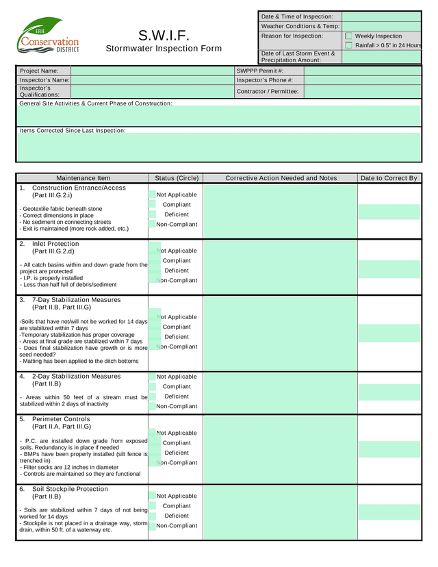 S.W.I.F. Stormwater Inspection Form screenshot