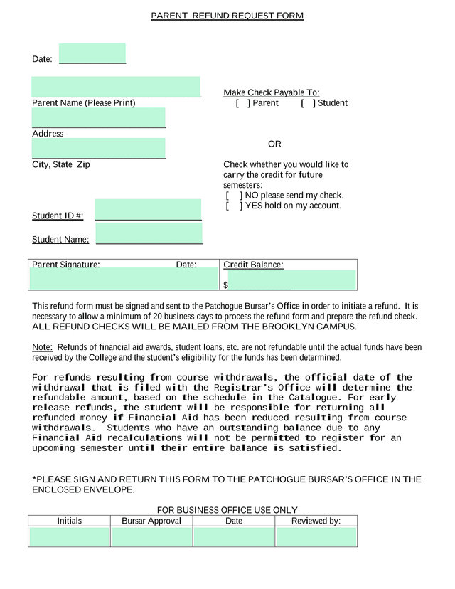 Parent Refund Request Form screenshot