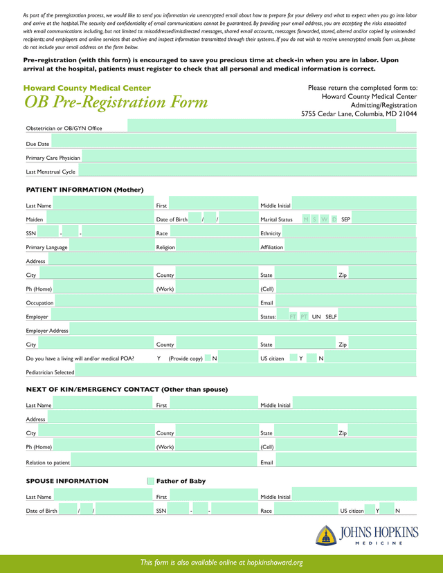 OB Pre Registration Form screenshot