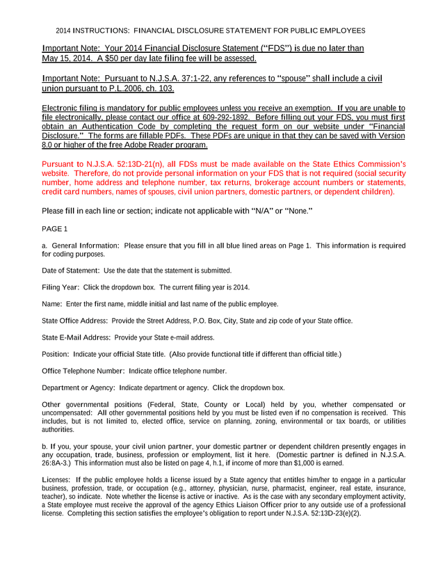 2014 Financial Disclosure Statement For Public Employees screenshot