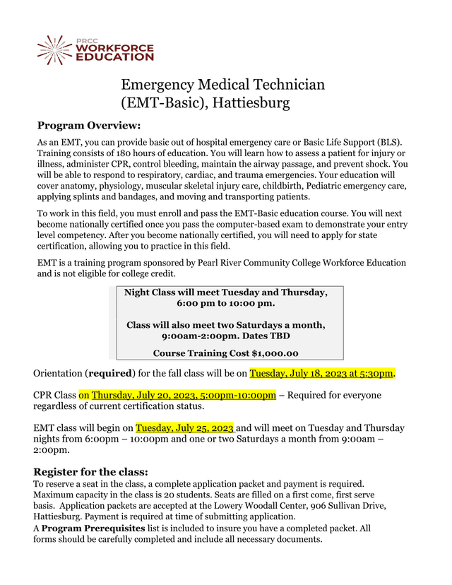 Emergency Medical Technician (EMT Basic), Hattiesburg Program Overview screenshot