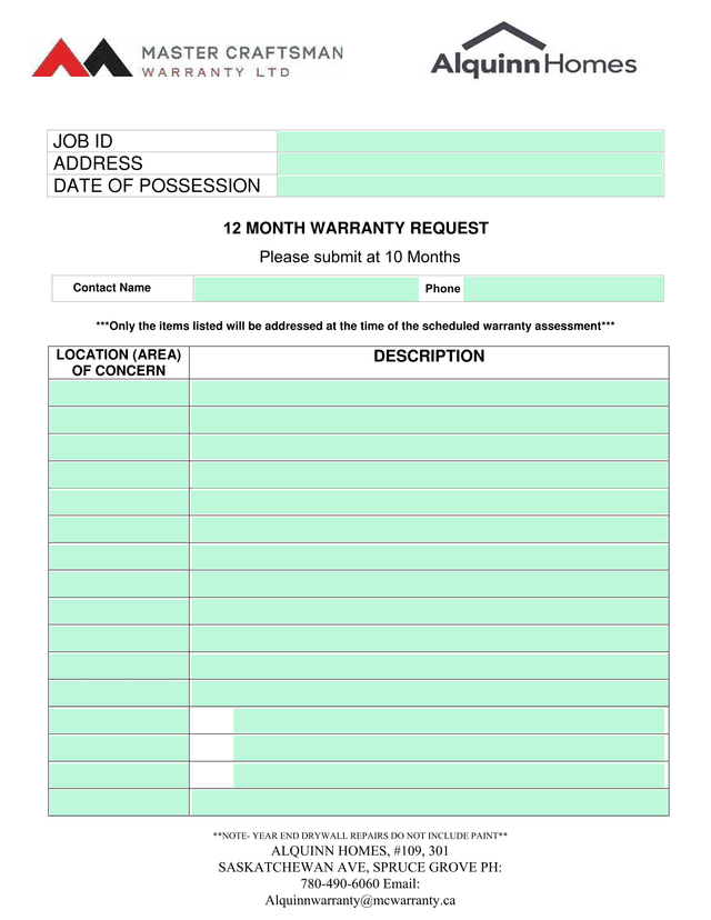12 Month Warranty Request screenshot
