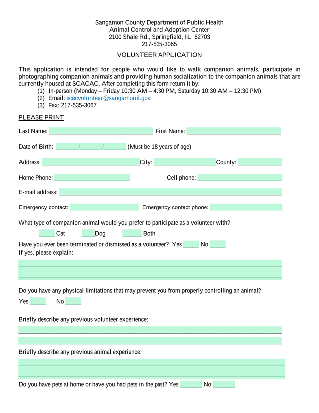 Sangamon County Department Of Public Health Animal Control And Adoption Center Volunteer Application screenshot