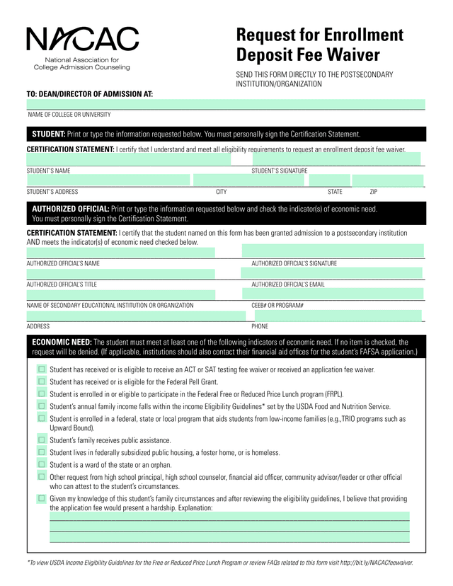 Request For Enrollment Deposit Fee Waiver screenshot