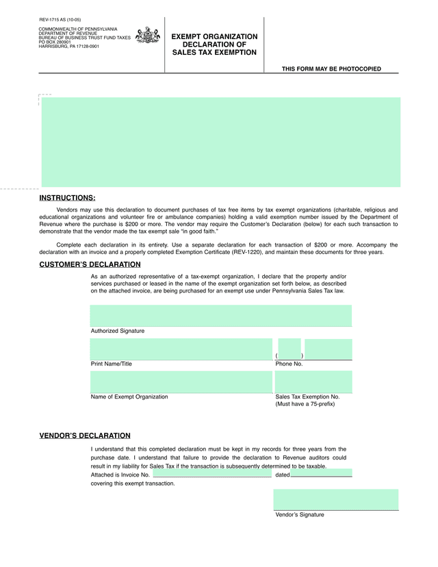 EXEMPT ORGANIZATION DECLARATION OF SALES TAX EXEMPTION screenshot