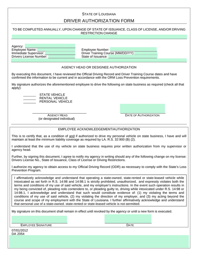 STATE OF LOUISIANA DRIVER AUTHORIZATION FORM screenshot