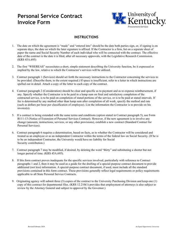 Personal Service Contract Invoice Form screenshot