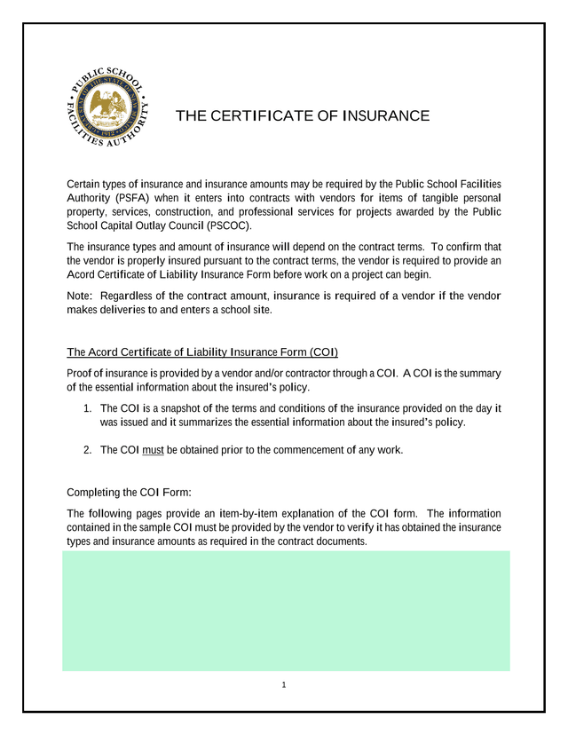 Certificate Of Liability Insurance (COI) Instructions screenshot