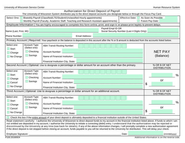 Authorization For Direct Deposit Of Payroll screenshot