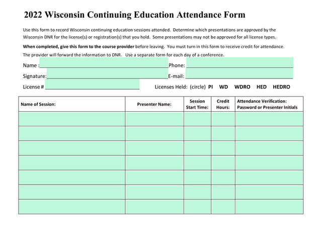 2022 Wisconsin Continuing Education Attendance Form screenshot