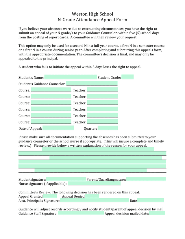 Weston High School N Grade Attendance Appeal Form screenshot