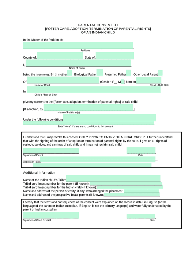 Parental Consent To Foster Care, Adoption, Termination Of Parental Rights Of An Indian Child screenshot