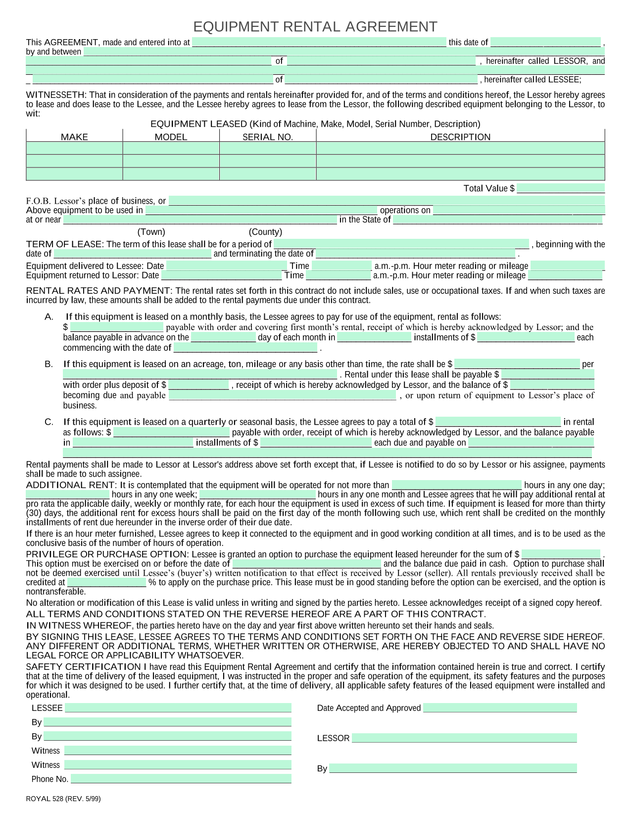ROYAL 528 EQUIPMENT RENTAL AGREEMENT screenshot