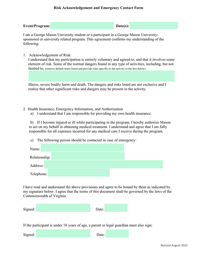 Risk Acknowledgement And Emergency Contact Form screenshot