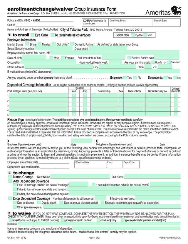 COBRA Eye Care Insurance Form screenshot
