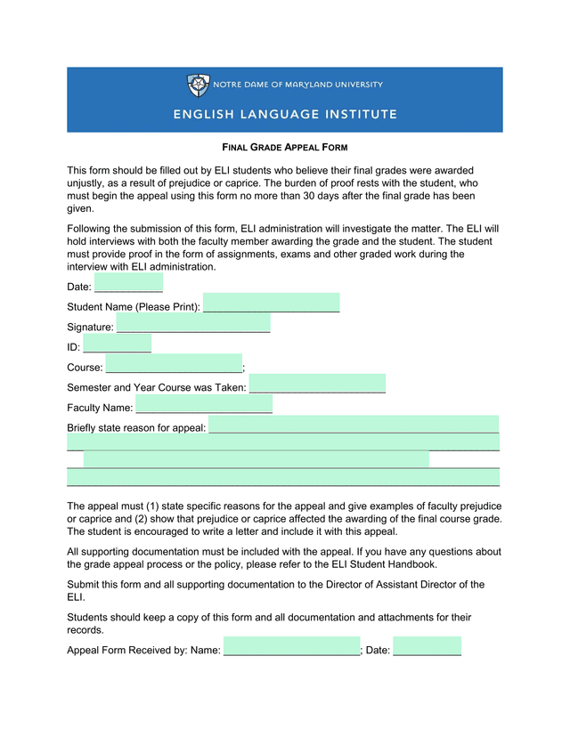 FINAL GRADE APPEAL FORM screenshot