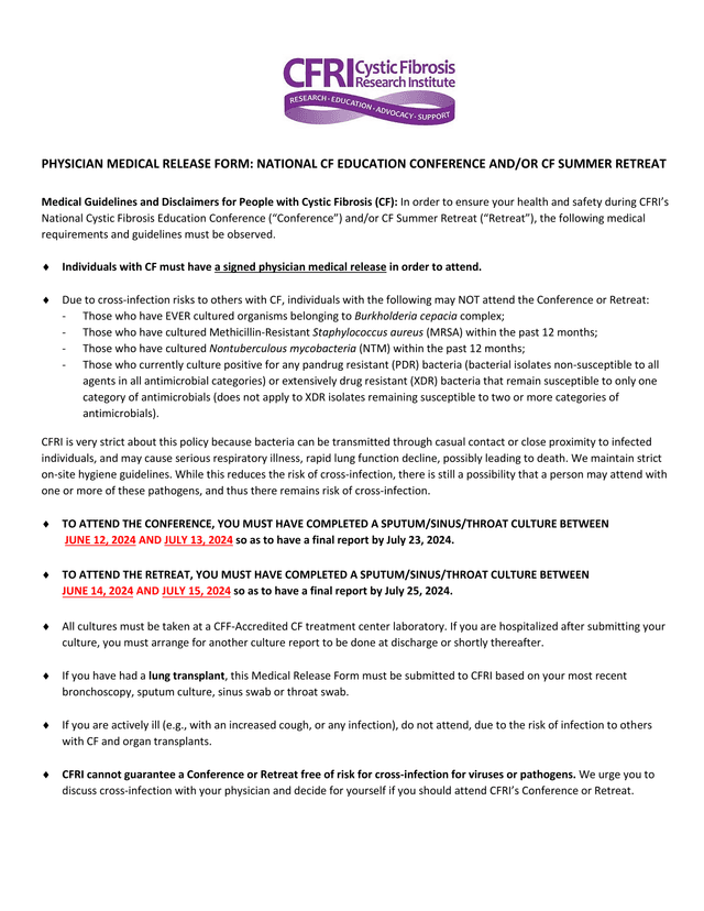 Physician Medical Release Form National CF Education Conference AndOr CF Summer Retreat screenshot
