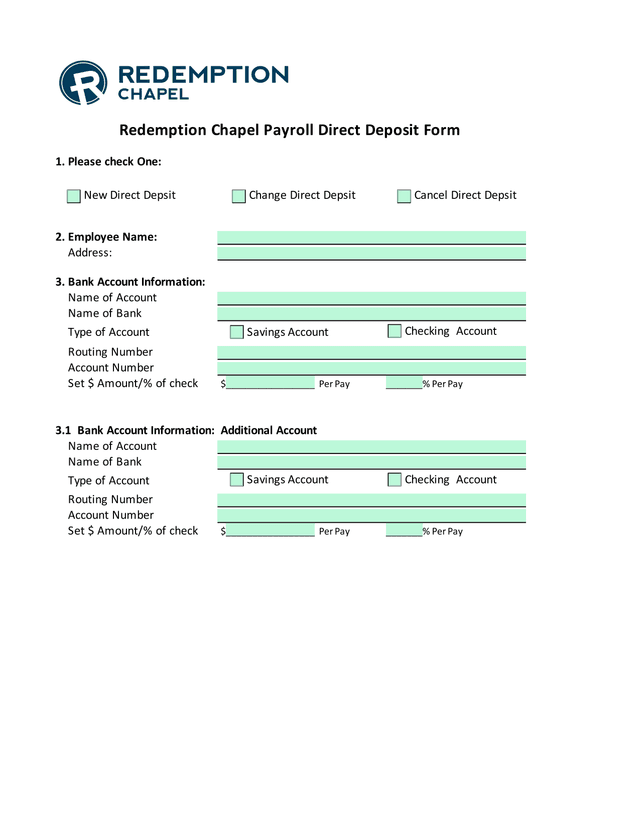 Redemption Chapel Payroll Direct Deposit Form screenshot