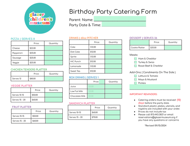 Birthday Party Catering Form screenshot