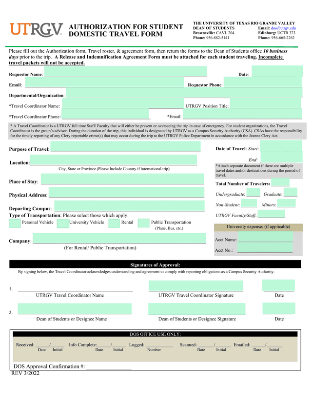 Authorization For Student Domestic Travel Form screenshot