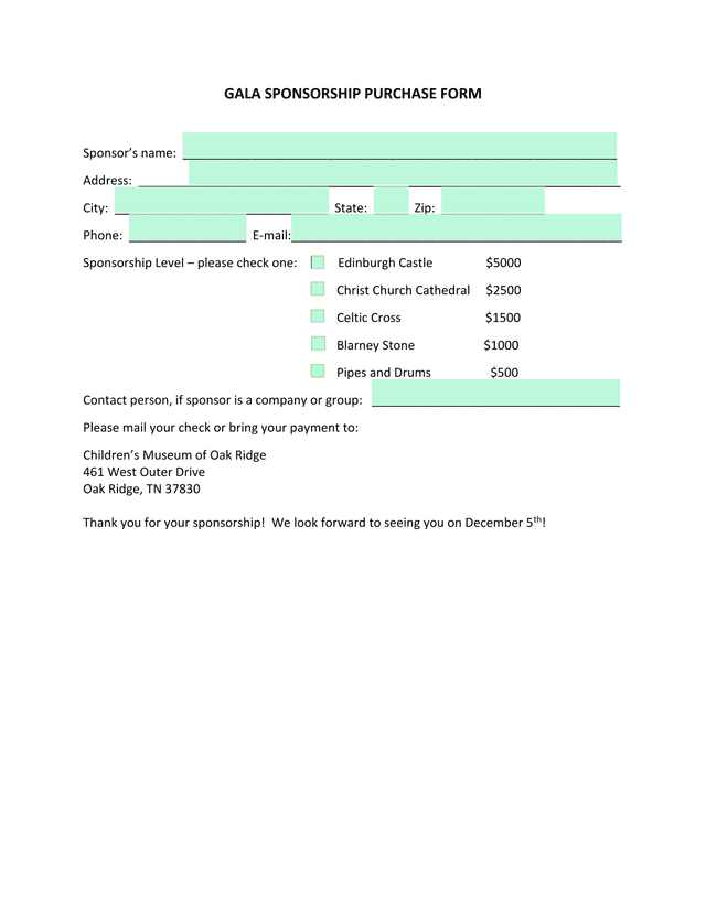 GALA SPONSORSHIP PURCHASE FORM screenshot