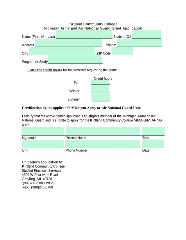 Michigan Army And Air National Guard Grant Application screenshot