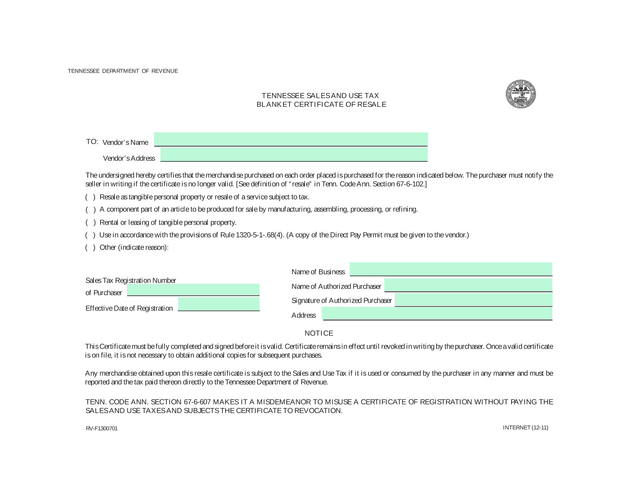 Tennessee Sales And Use Tax Blanket Certificate Of Resale screenshot