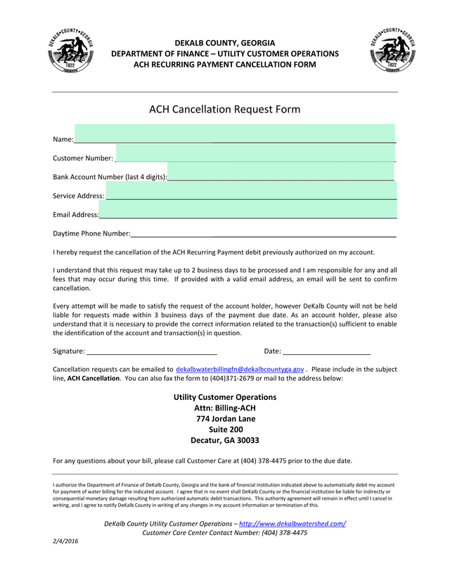 ACH Recurring Payment Cancellation Form screenshot