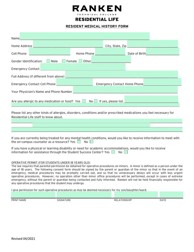Resident Medical History Form screenshot