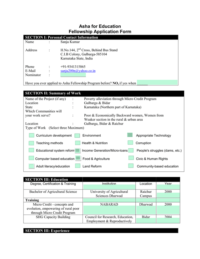 Asha For Education Fellowship Application Form screenshot
