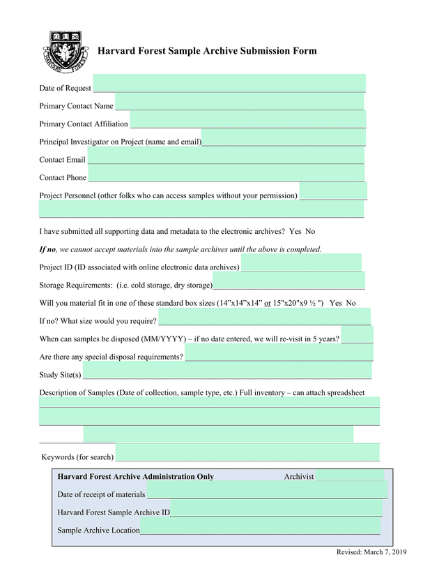Harvard Forest Sample Archive Submission Form screenshot