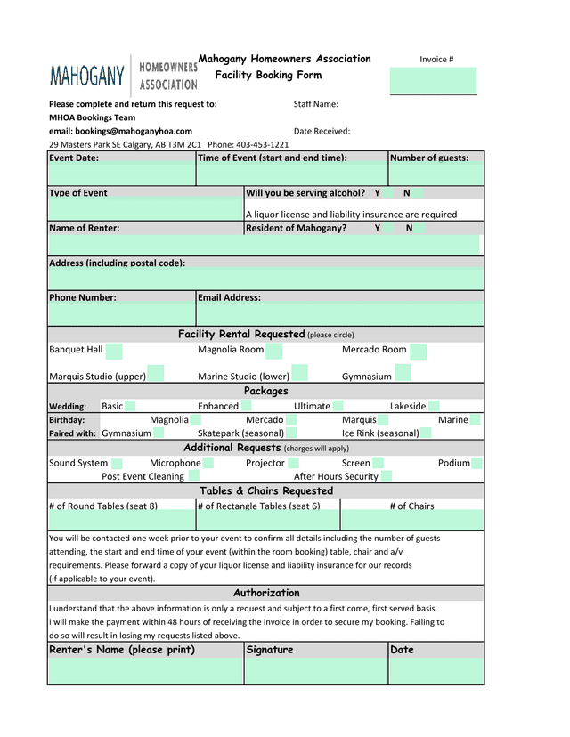 Facility Booking Form screenshot