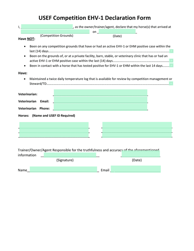 USEF Competition EHV 1 Declaration Form screenshot