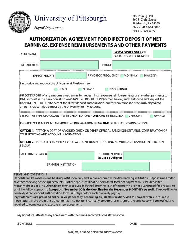Authorization Agreement For Direct Deposit Of Net Earnings, Expense Reimbursements And Other Payment screenshot