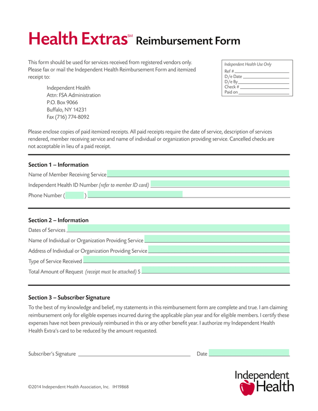 Health Extras Reimbursement Form screenshot