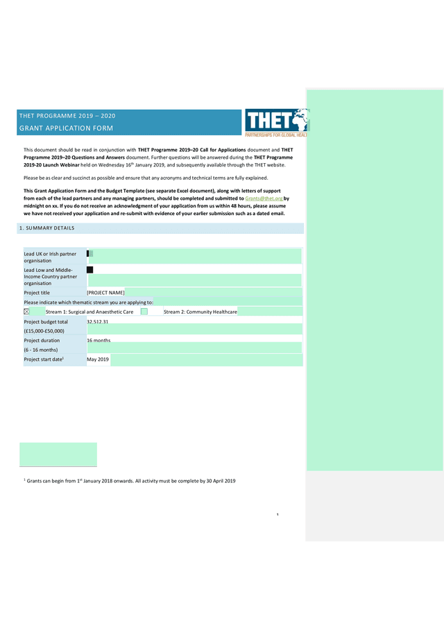 THET Programme 2019  2020 Grant Application Form screenshot