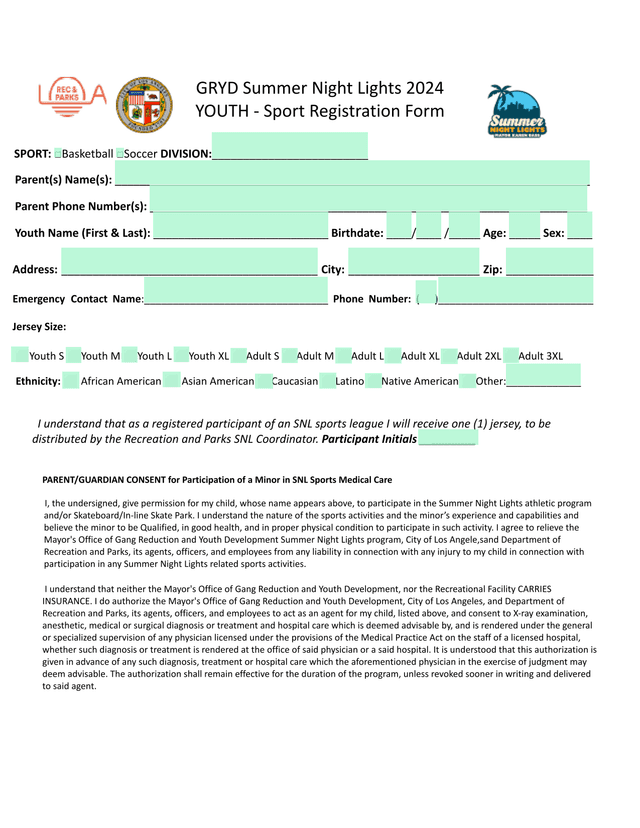 GRYD Summer Night Lights 2024 Youth   Sport Registration Form screenshot