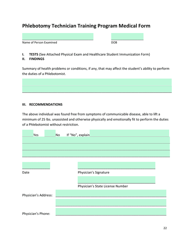 Phlebotomy Technician Training Program Medical Form screenshot